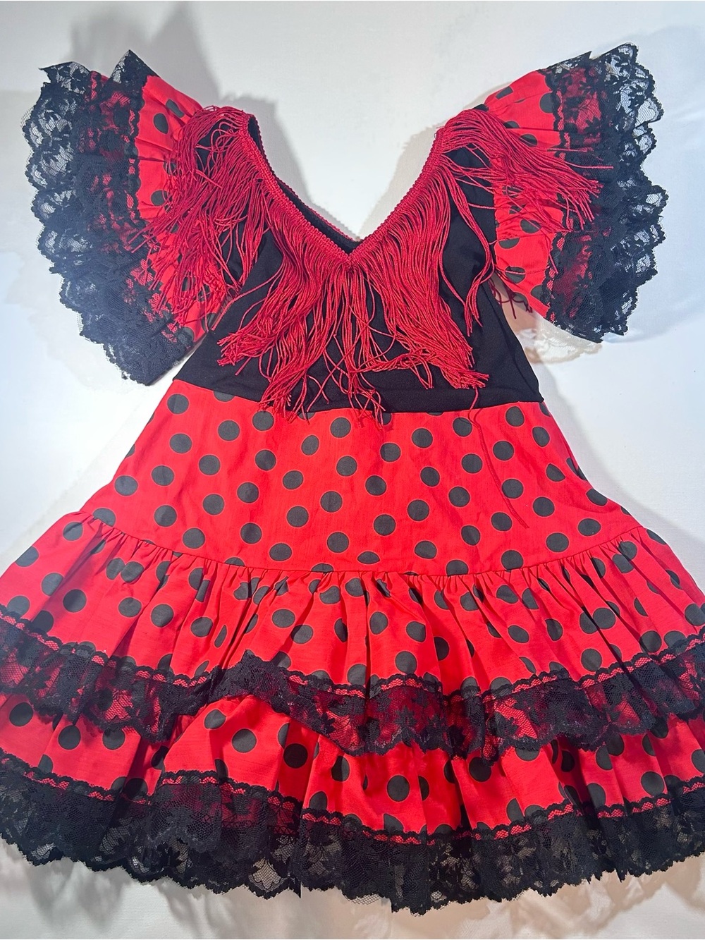 Hilary McAuley Flamenco Dress Sz 2 Red Black Polka Dot Fringe Lace Spanish